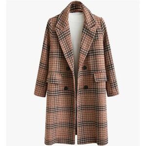 Chartou Plaid Pea Coat Double Breasted Long Wool Blend Jacket XXL NWT Preppy